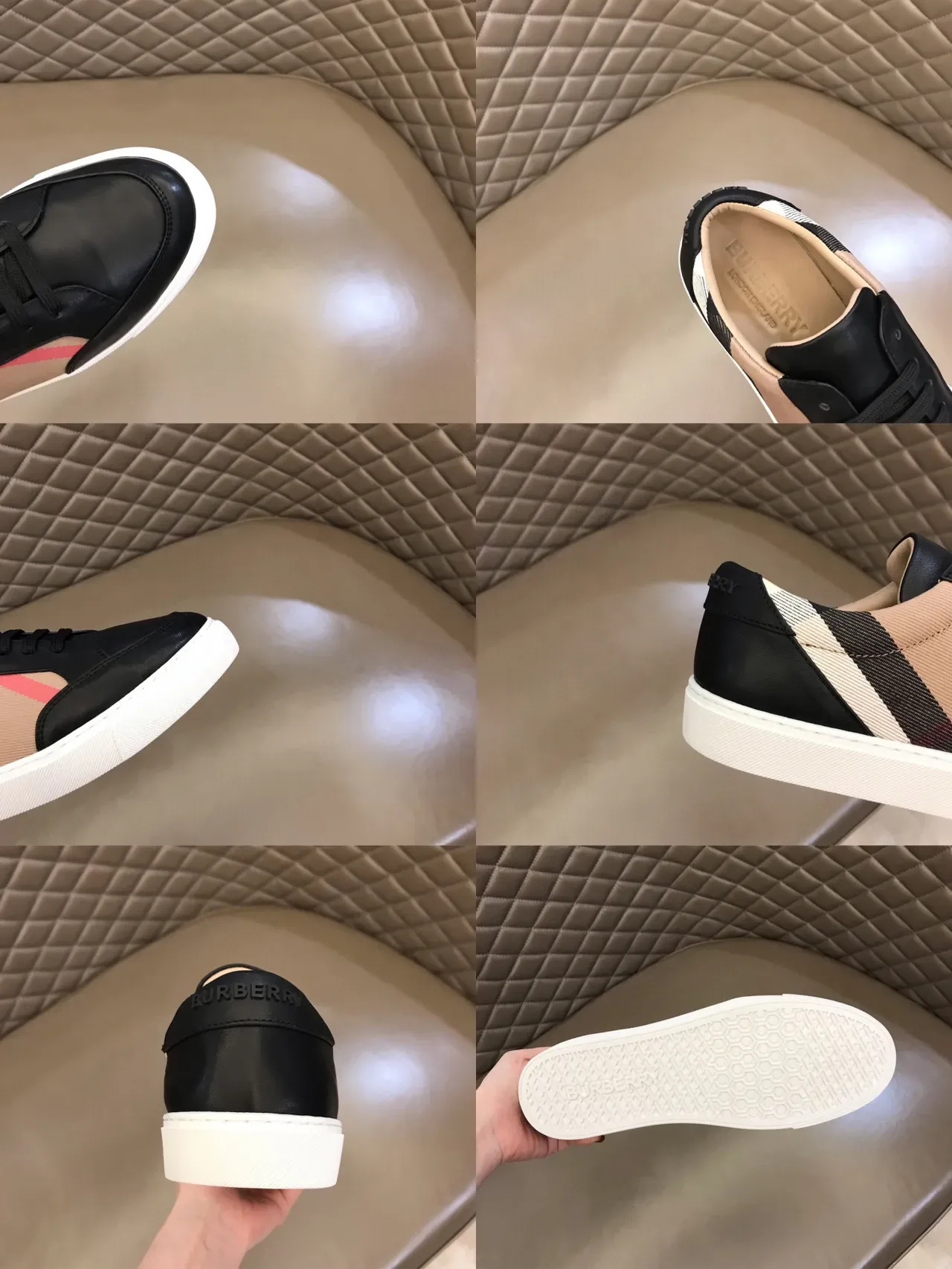 Burberry Chaussures Lifestyle Sneakers Noir et Beige Low-Top Cuir et Carreaux 2
