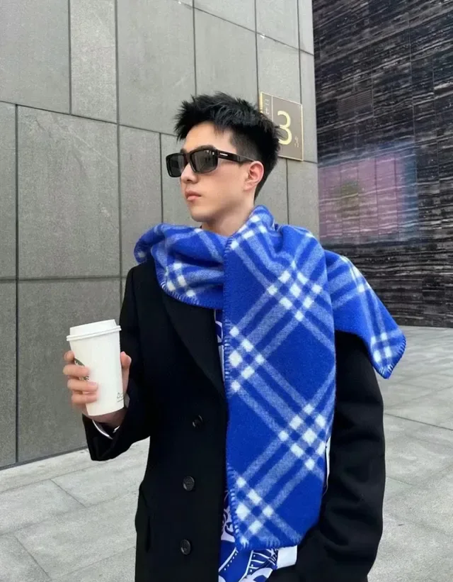 Burberry Blue and White Check Cashmere Scarf 3