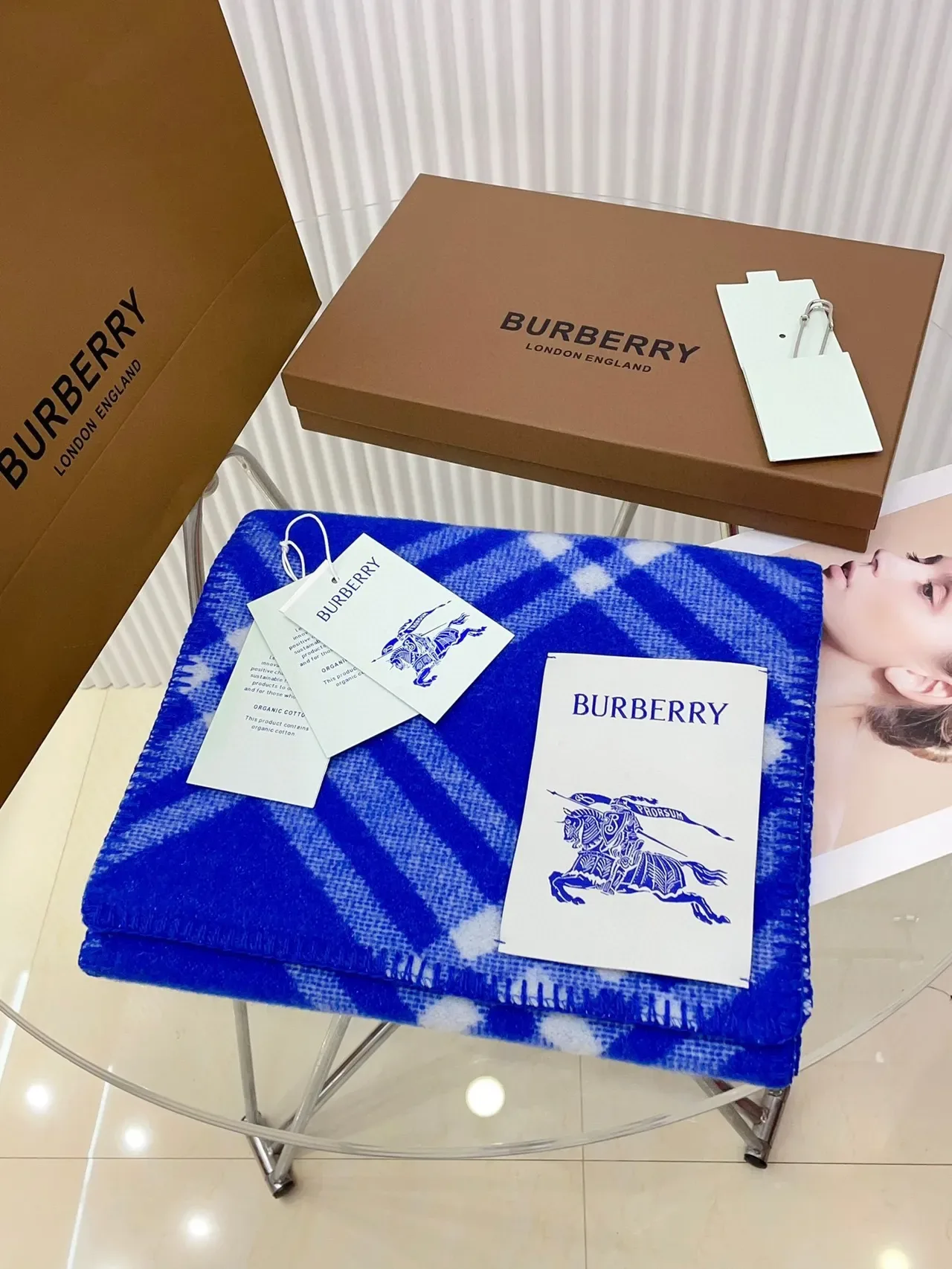 Burberry Blue and White Check Cashmere Scarf 7