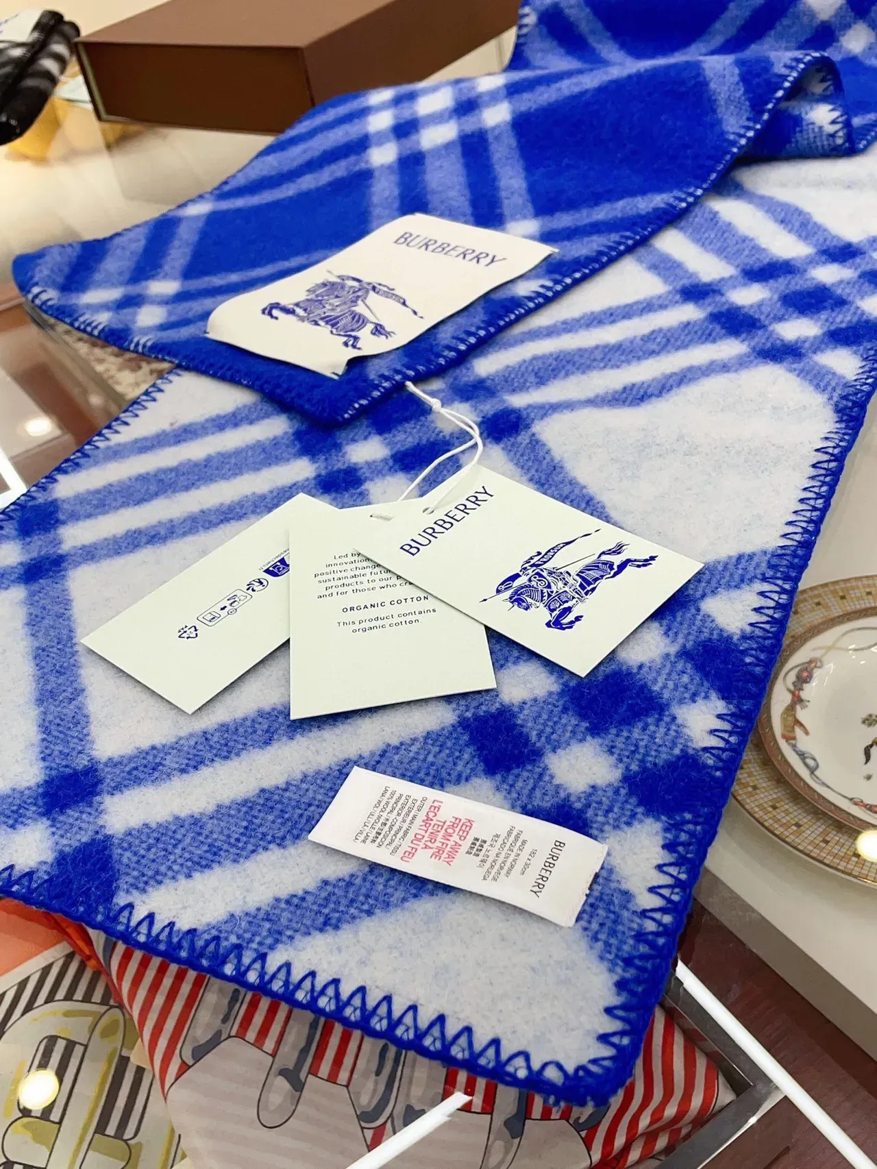 Burberry Blue and White Check Cashmere Scarf 8