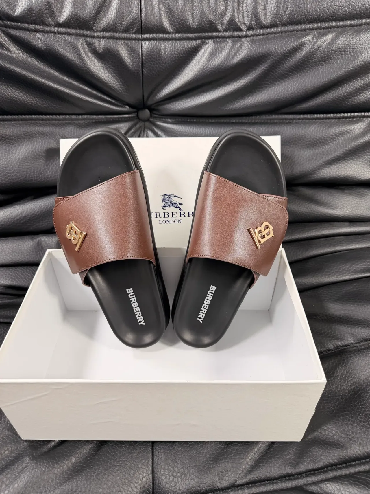 Burberry Knight Brown Black Monogrammed Leather Strap Thick Platform Sole Slippers 3