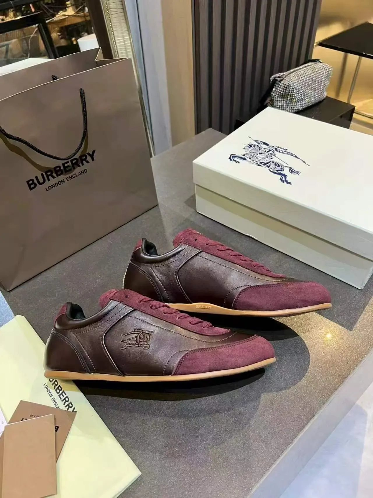 Burberry Knight Burgundy and Brown Leather Suede Lifestyle Sneakers 2