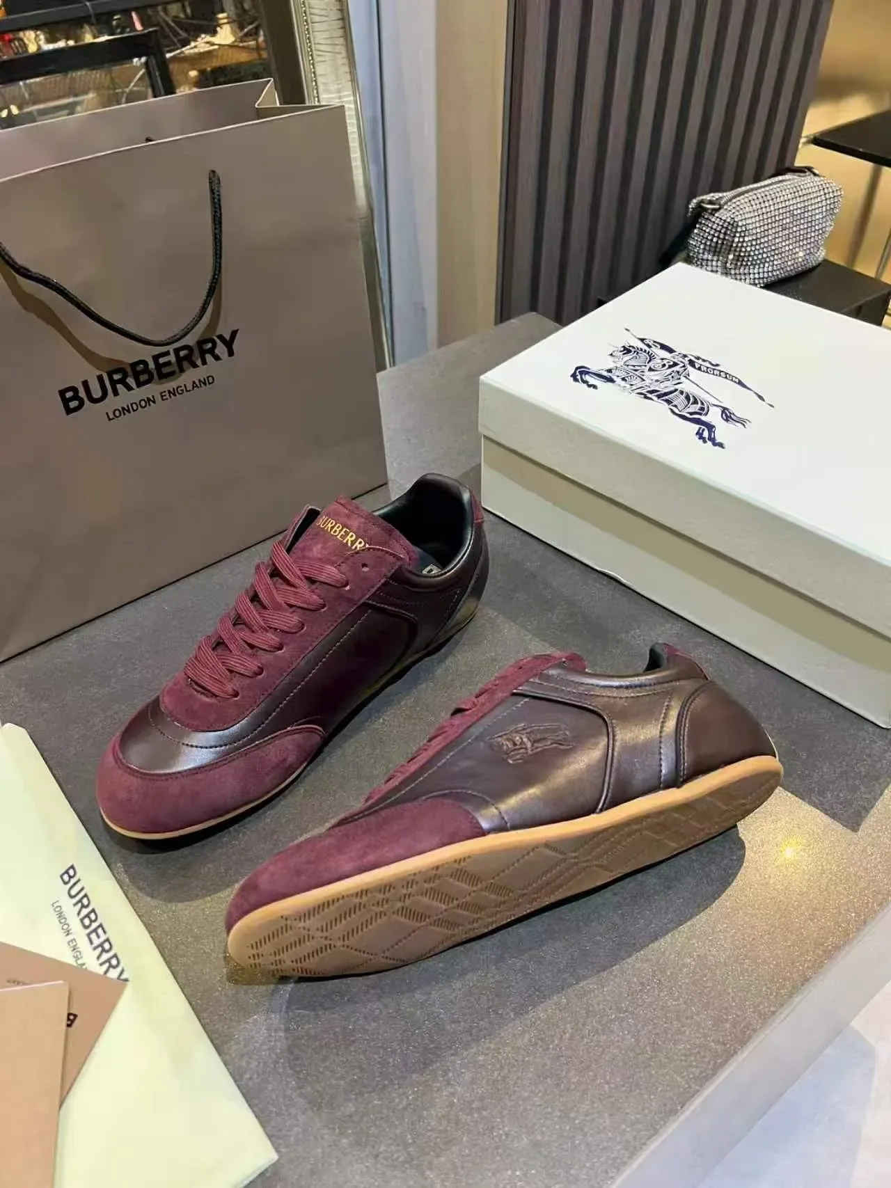 Burberry Knight Burgundy and Brown Leather Suede Lifestyle Sneakers 3