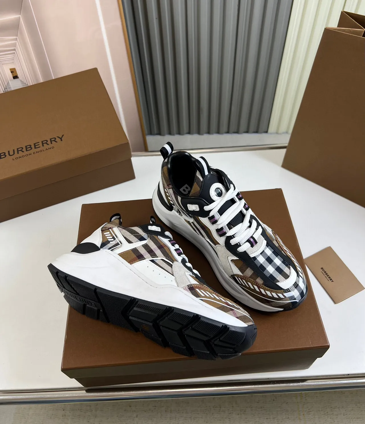 Burberry Knight Multicolor White Nova Check Paneling Sculpted Midsole Chunky Sneakers 5