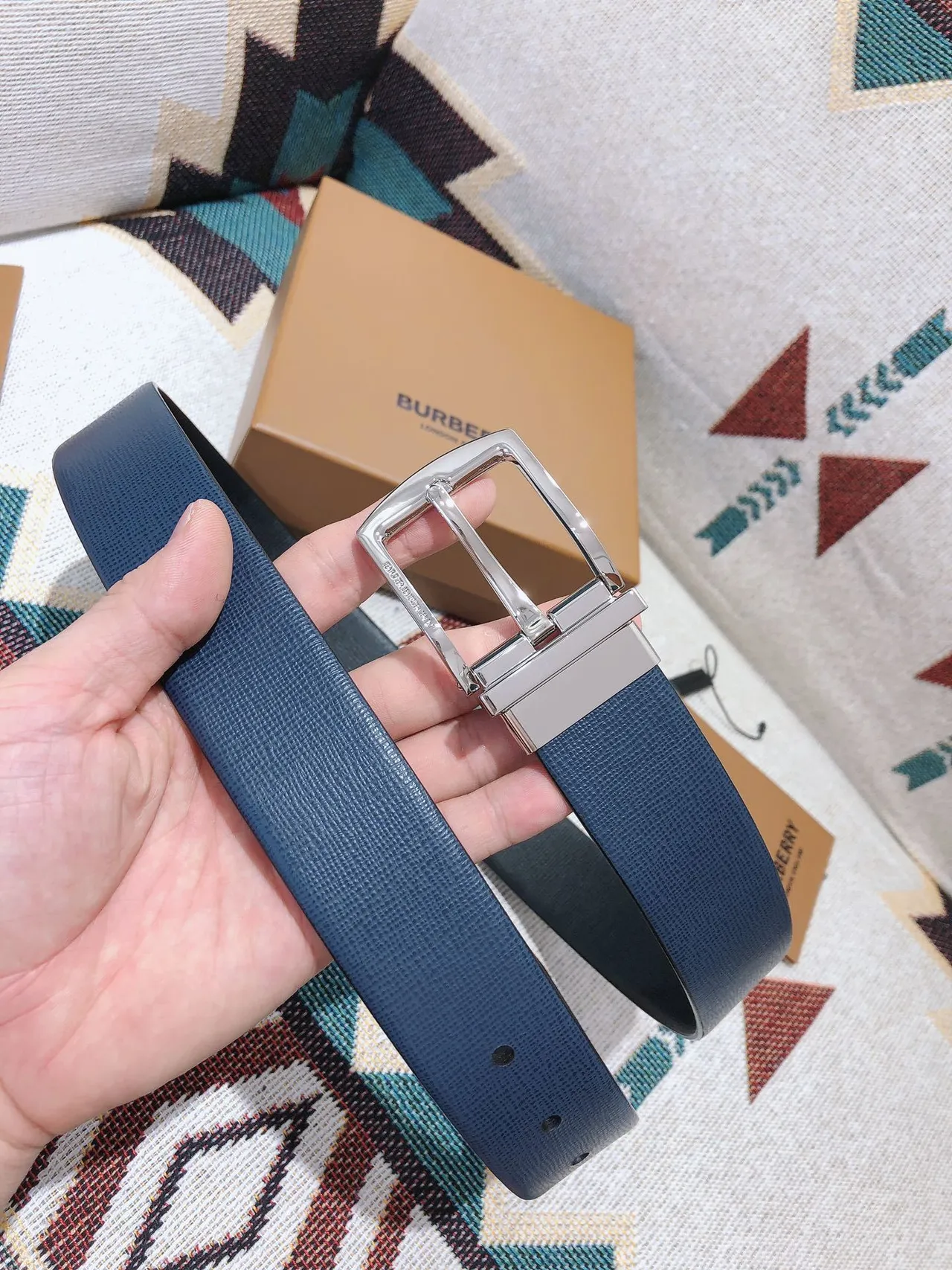 Burberry Knight Reversible Textured Blue Leather Belt 2