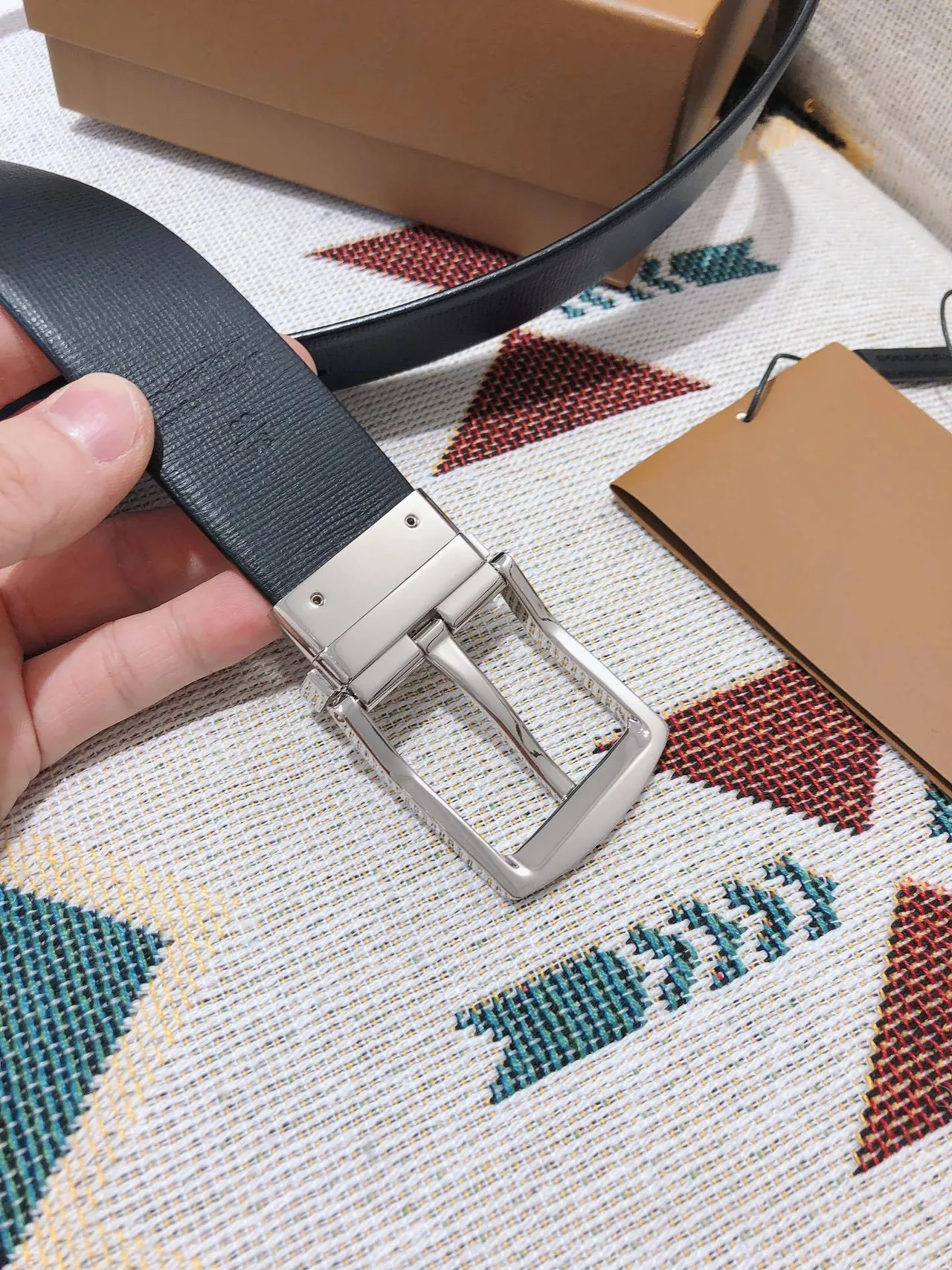 Burberry Knight Reversible Textured Blue Leather Belt 5