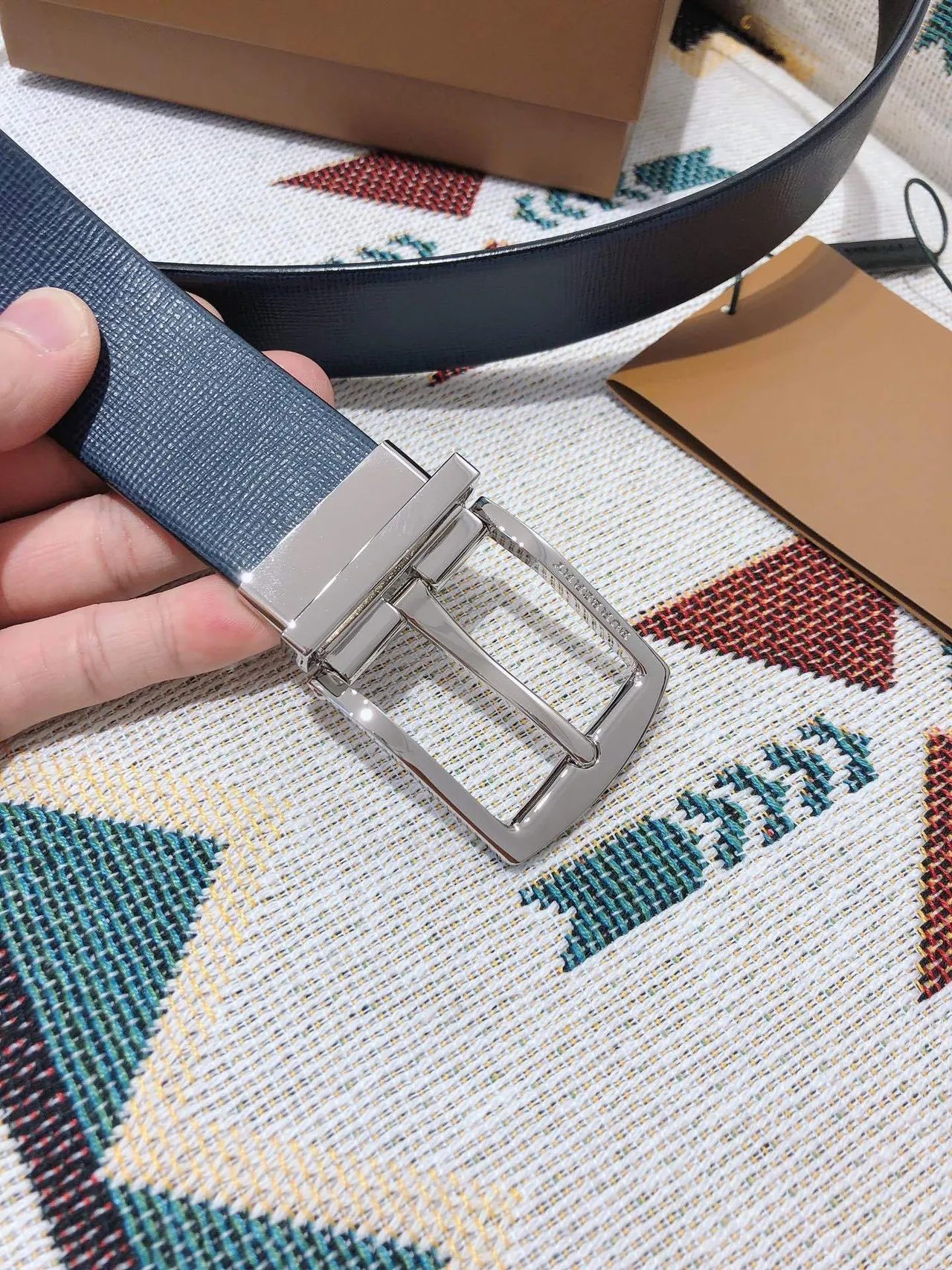 Burberry Knight Reversible Textured Blue Leather Belt 6
