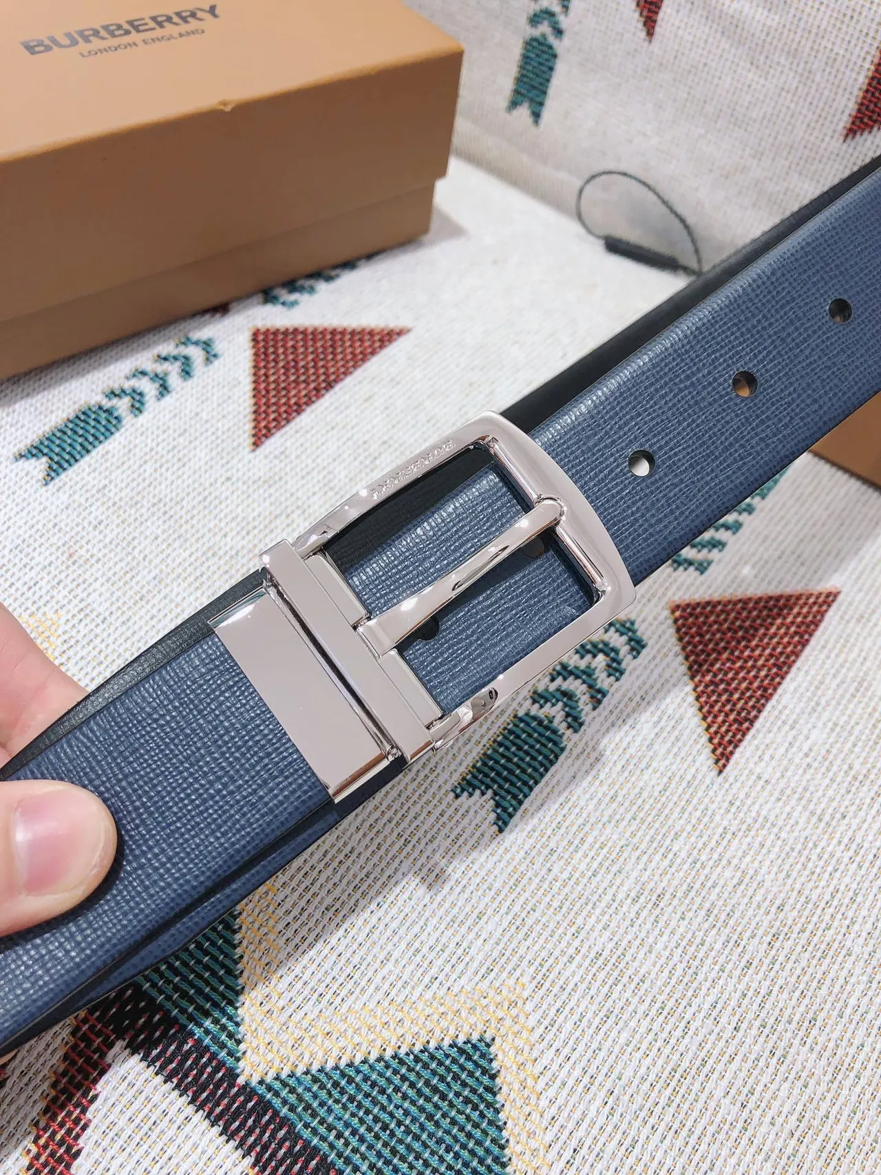 Burberry Knight Reversible Textured Blue Leather Belt 7