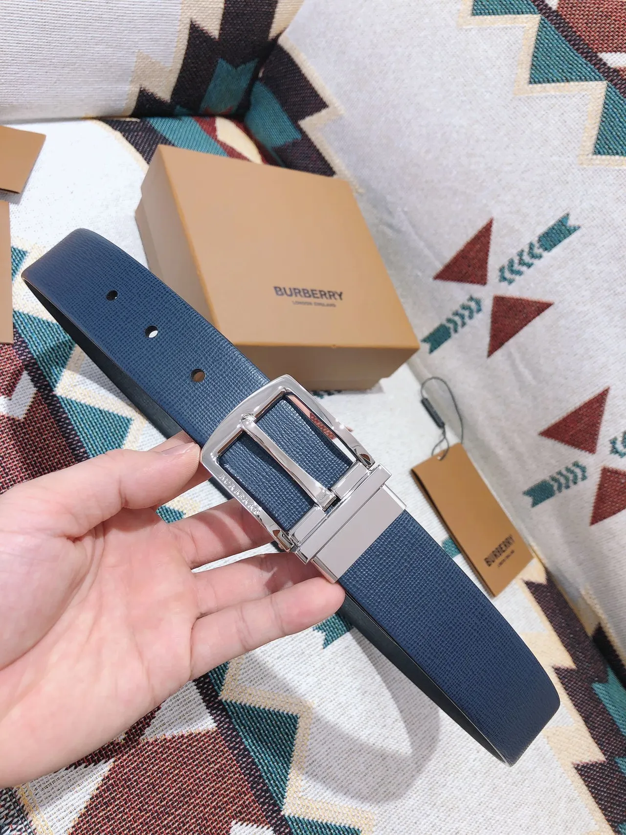 Burberry Knight Reversible Textured Blue Leather Belt 8