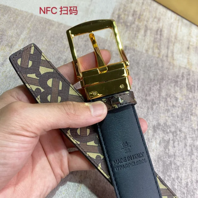 Burberry Ceinture Monogram Marron Beige Tissu Tissé Ceinture Cuir Réversible 6