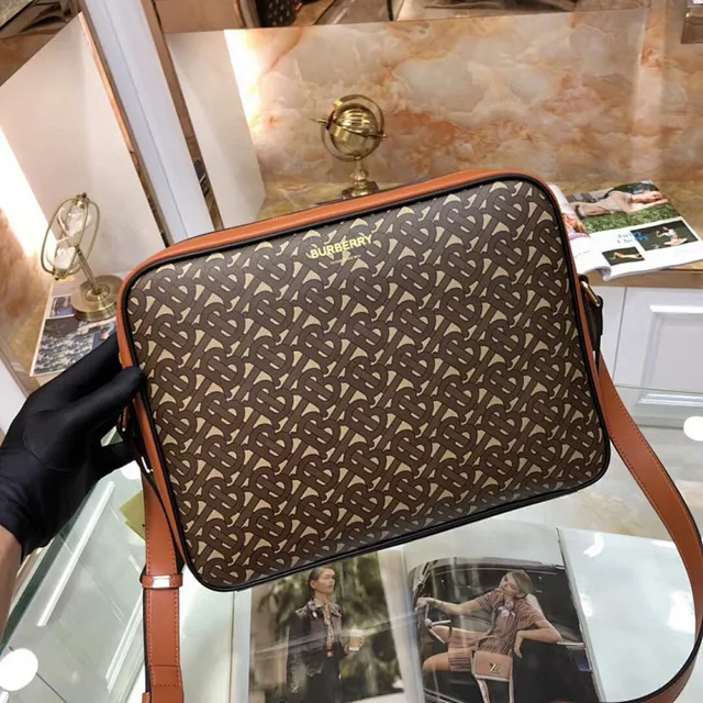Burberry Monogram Canvas Crossbody Brown Beige Tan Leather Trim Crossbody Bag 2