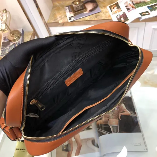 Burberry Monogram Canvas Crossbody Brown Beige Tan Leather Trim Crossbody Bag 3