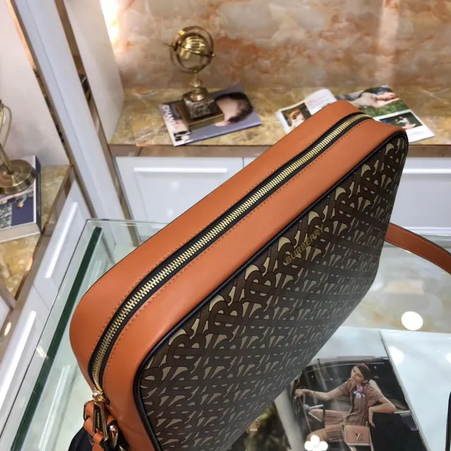 Burberry Monogram Canvas Crossbody Brown Beige Tan Leather Trim Crossbody Bag 5