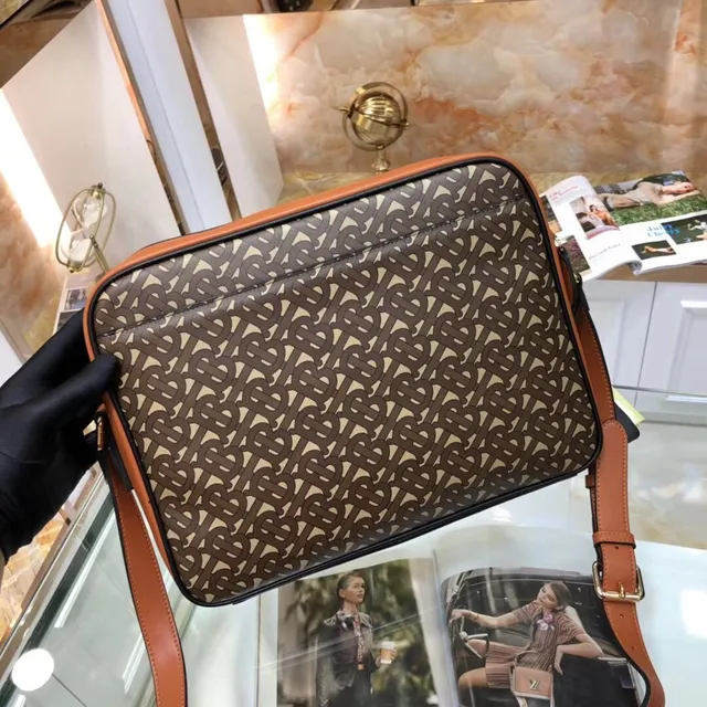 Burberry Monogram Canvas Crossbody Brown Beige Tan Leather Trim Crossbody Bag 6