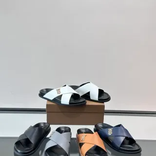 Burberry Monogram Slide Sandals Crossed Strap Leather Slippers