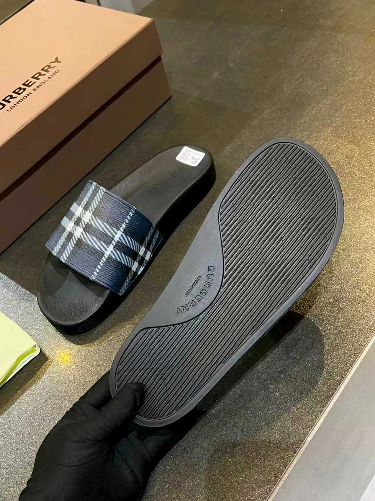 Burberry Slide Black Navy Rubber Sole Classic Check Strap Slippers 3