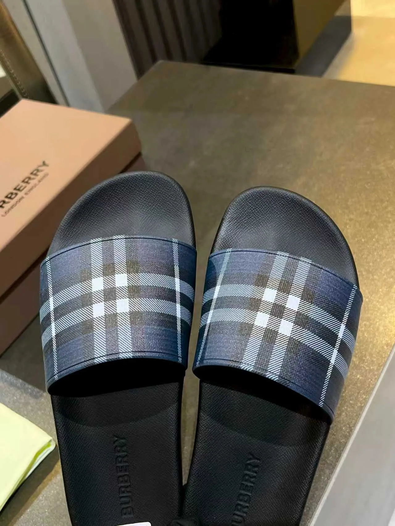 Burberry Slide Black Navy Rubber Sole Classic Check Strap Slippers 4