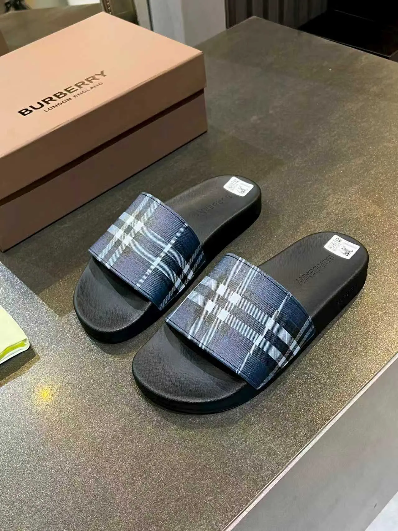 Burberry Slide Black Navy Rubber Sole Classic Check Strap Slippers 5