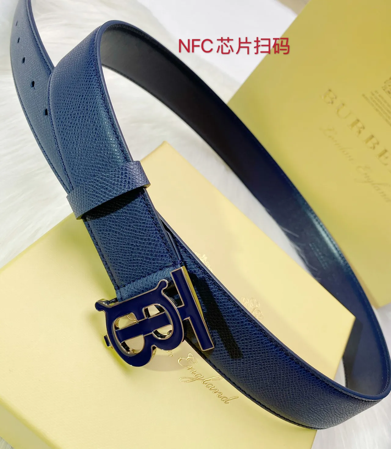 Burberry TB Monogram Belt Navy Blue Leather Belt 4