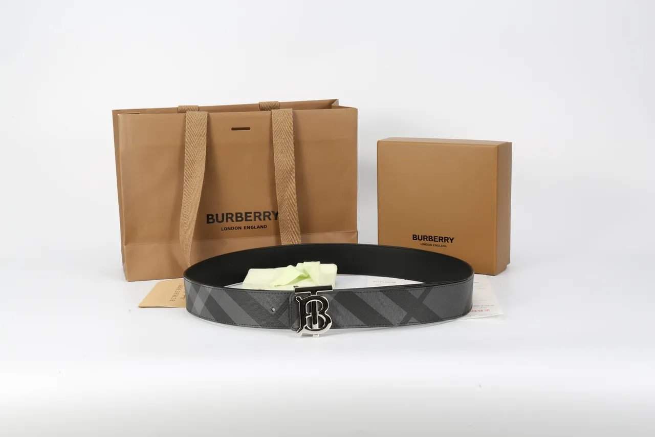 Burberry TB Monogram Black and Gray Check Leather Belt 2