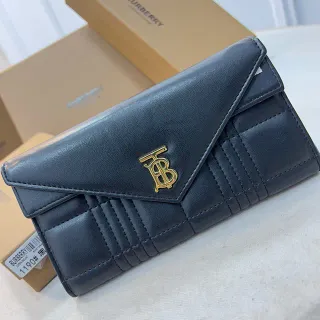 Burberry TB Monogram Black Gold Envelope Flap Quilted Leather Long Wallet