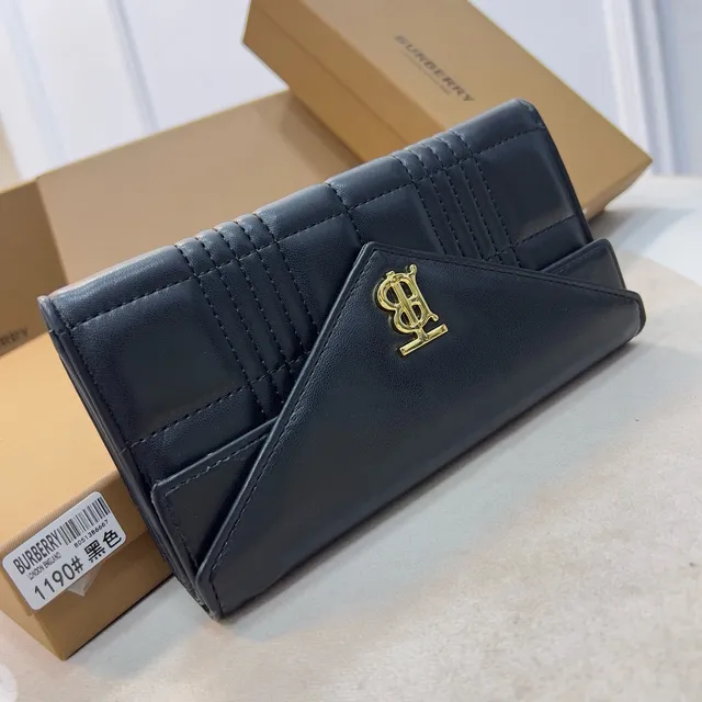 Burberry TB Monogram Black Gold Envelope Flap Quilted Leather Long Wallet 2