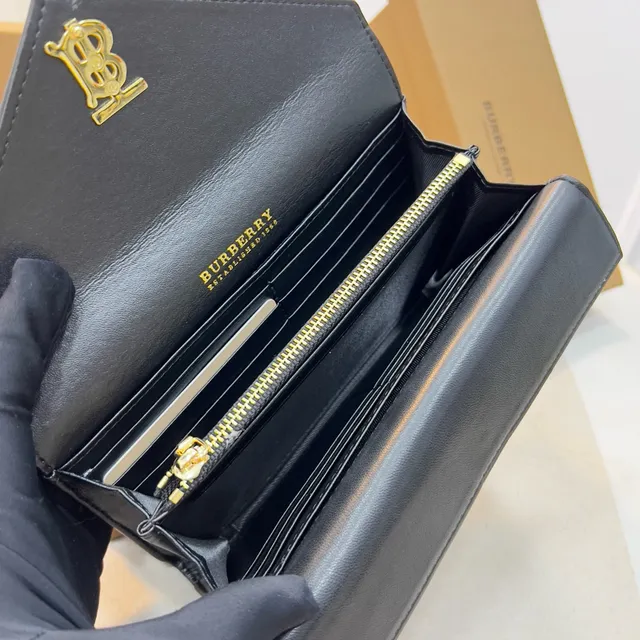 Burberry TB Monogram Black Gold Envelope Flap Quilted Leather Long Wallet 4
