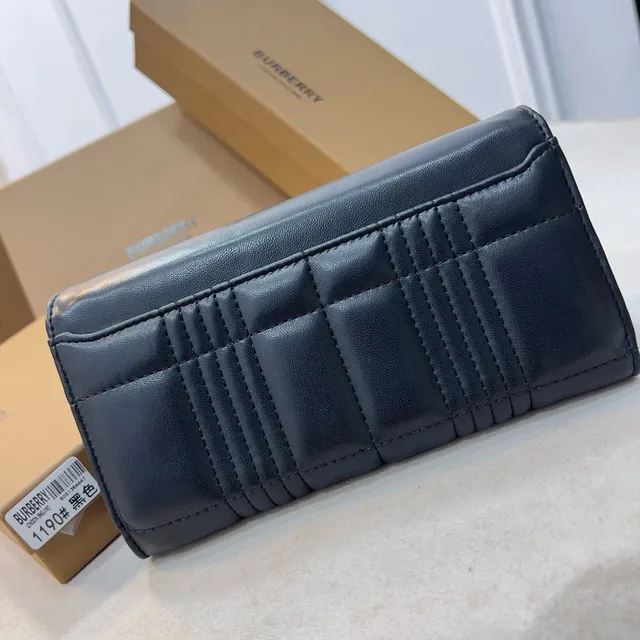 Burberry TB Monogram Black Gold Envelope Flap Quilted Leather Long Wallet 5