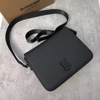 Burberry TB Monogram Messenger Black Structured Textured Leather-Like Messenger Bag