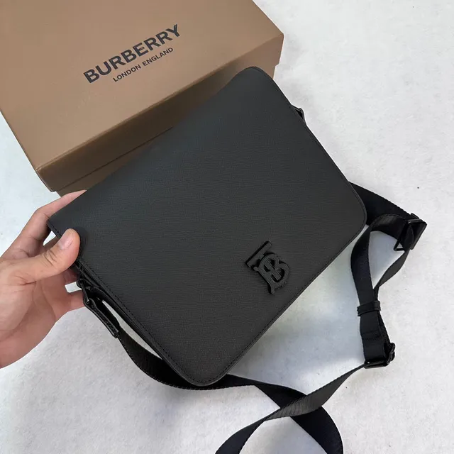 Burberry TB Monogram Messenger Black Structured Textured Leather-Like Messenger Bag 4