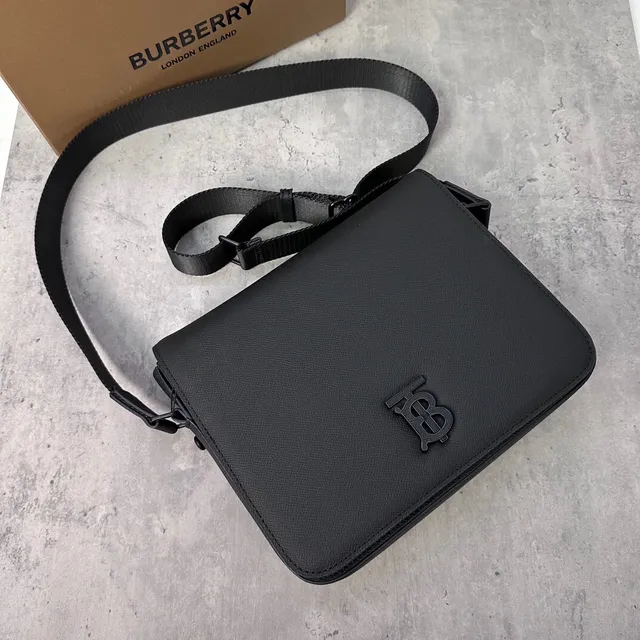 Burberry TB Monogram Messenger Black Structured Textured Leather-Like Messenger Bag 6