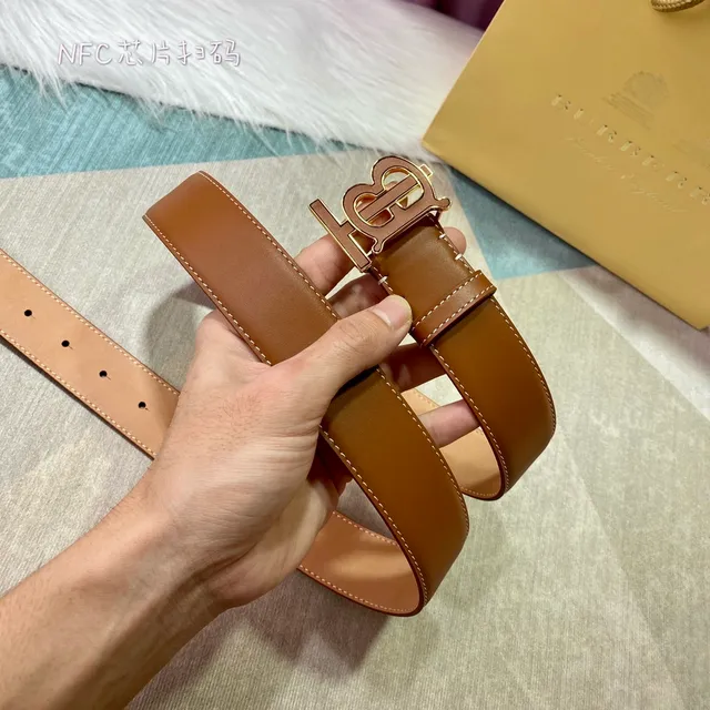 Burberry TB Shield Cinturón de cuero marrón beige hebilla monograma contraste costura blanca 5