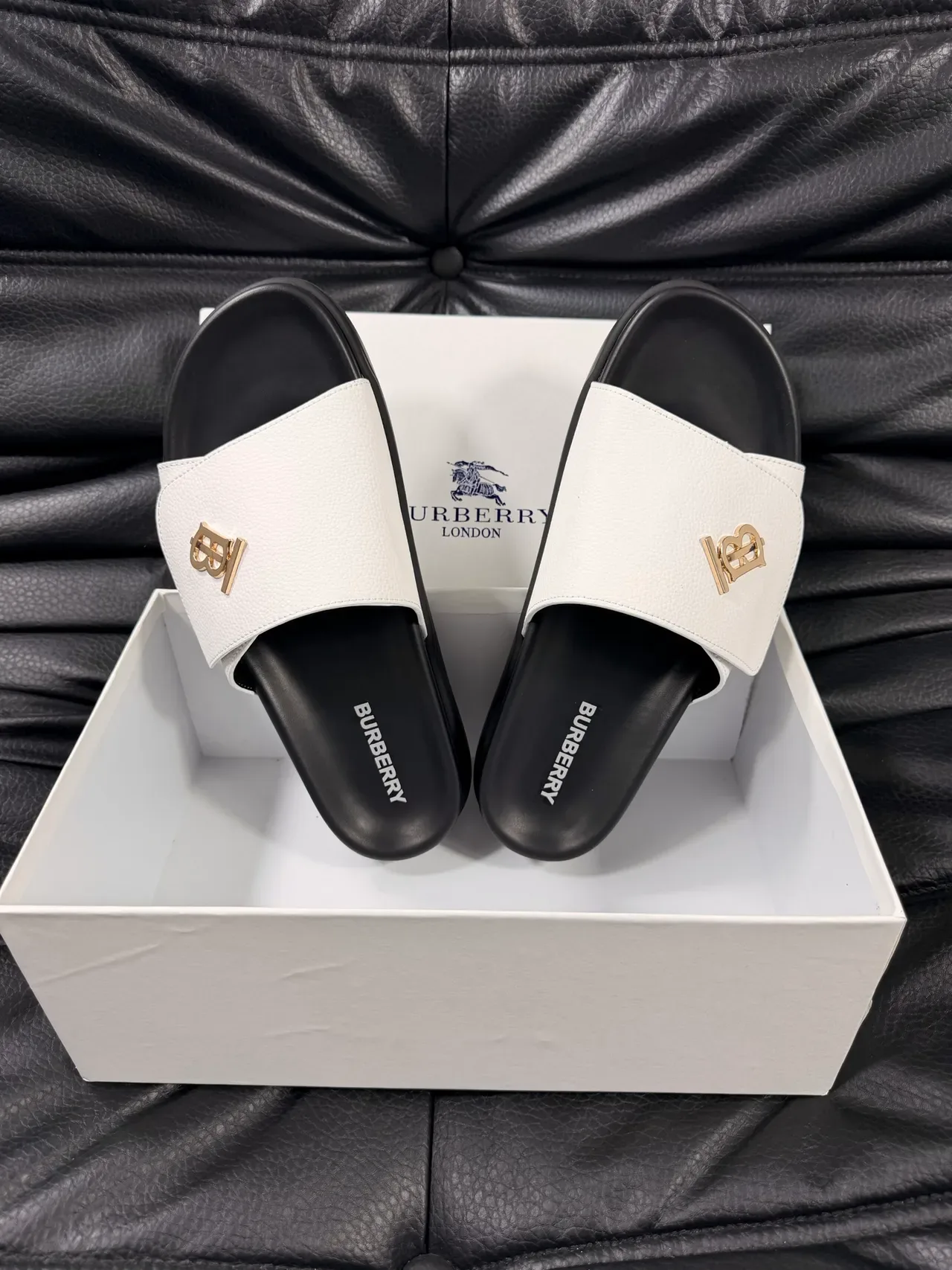 Burberry White and Black Monogram Slippers 3