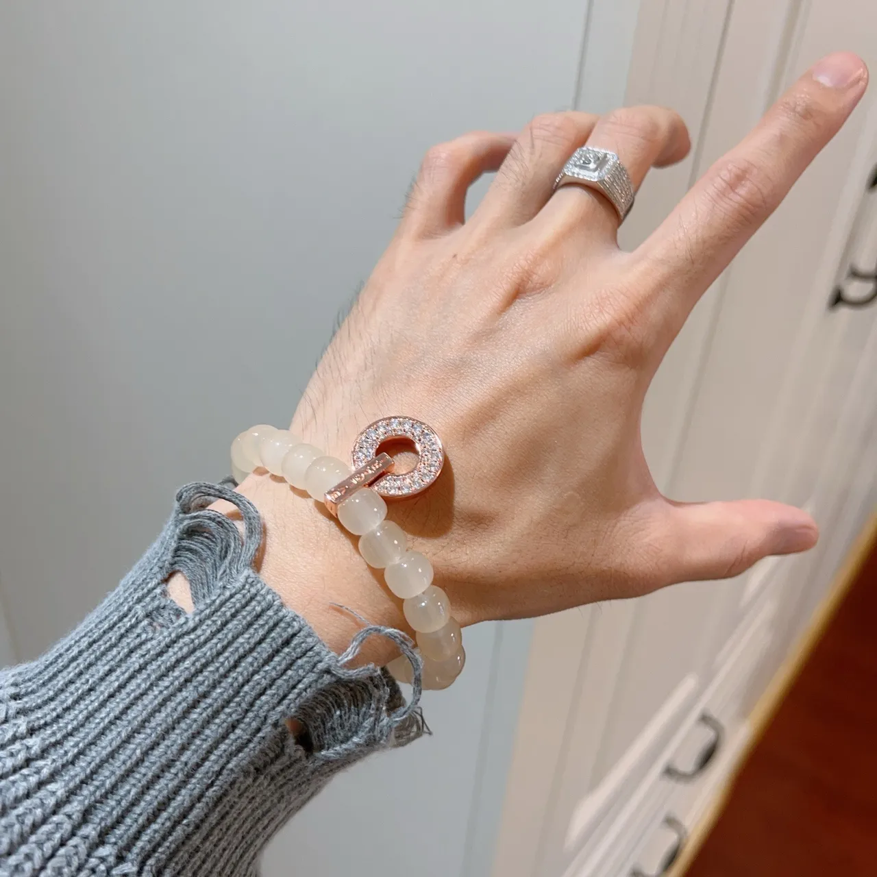 Bvlgari B.zero1 Or Beige perlé Pavé-Diamond Bague Charm Bracelet 4