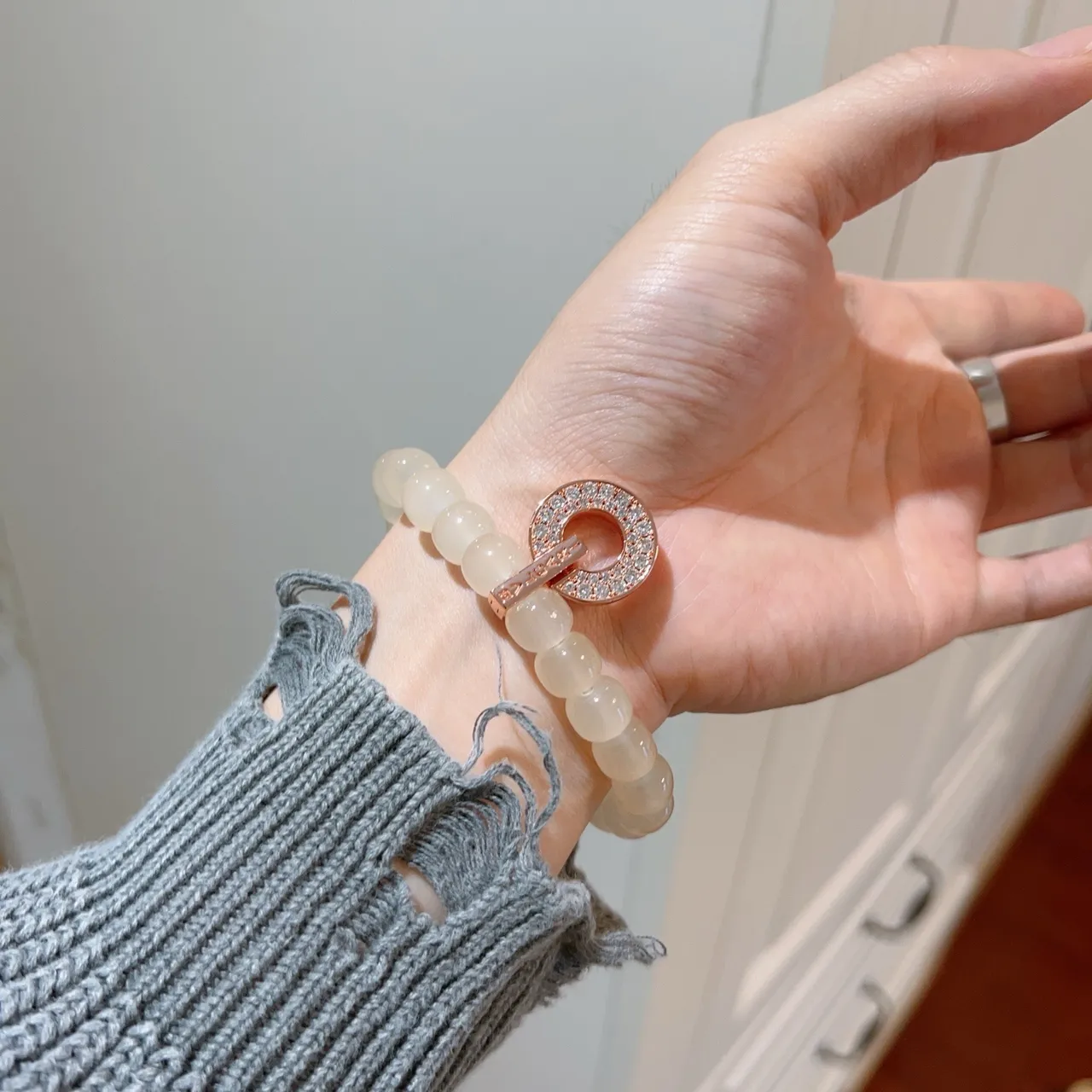 Bvlgari B.zero1 Or Beige perlé Pavé-Diamond Bague Charm Bracelet 7
