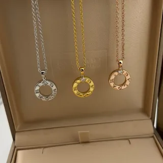 Bvlgari B.zero1 Silver Gold Open-Ring Pendant Engraved Brand Lettering Necklace