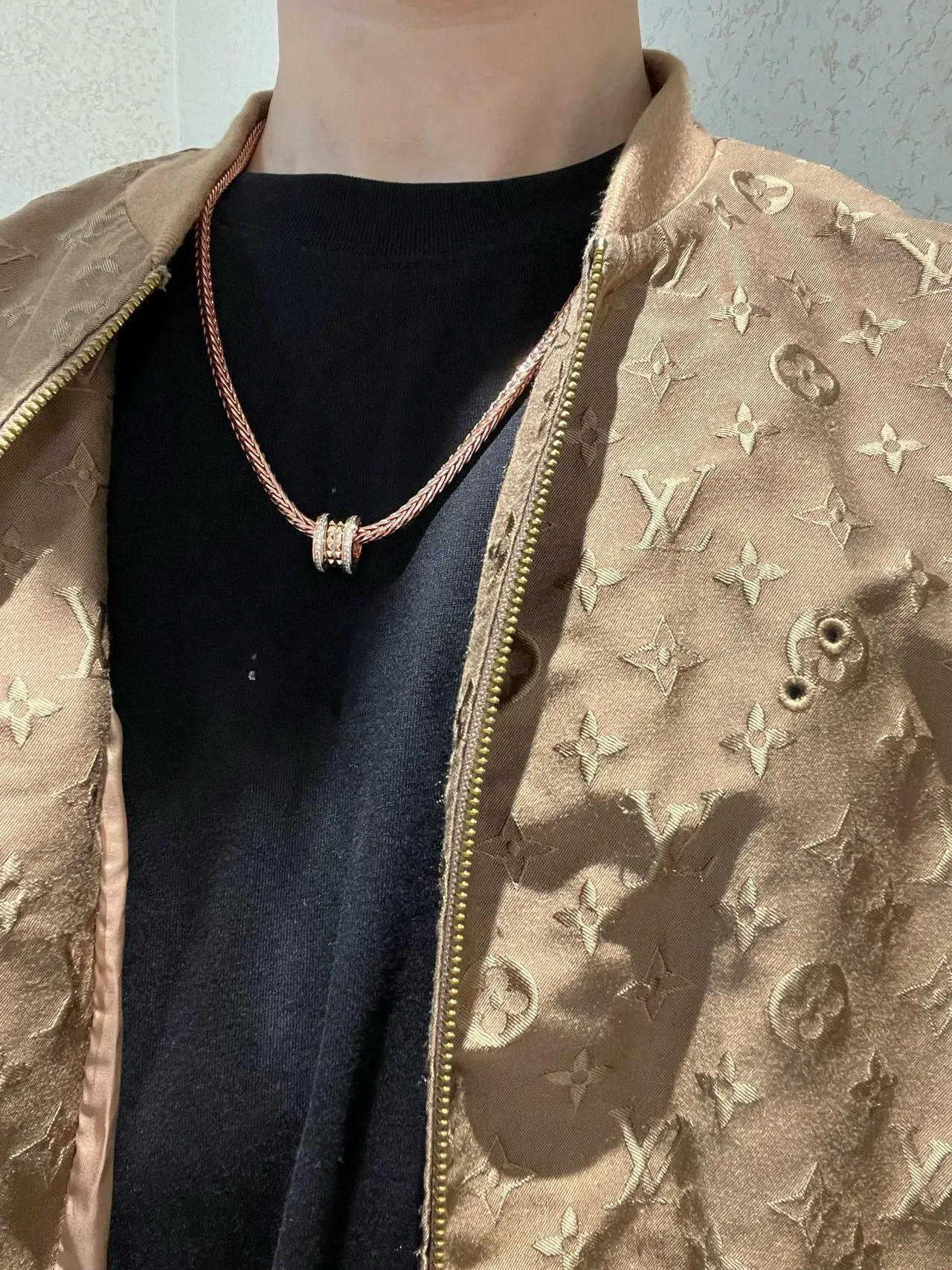 Bvlgari Gold White Braided Wheat-Link Chain Cylindrical Multi-Ring Pendant Necklace 5