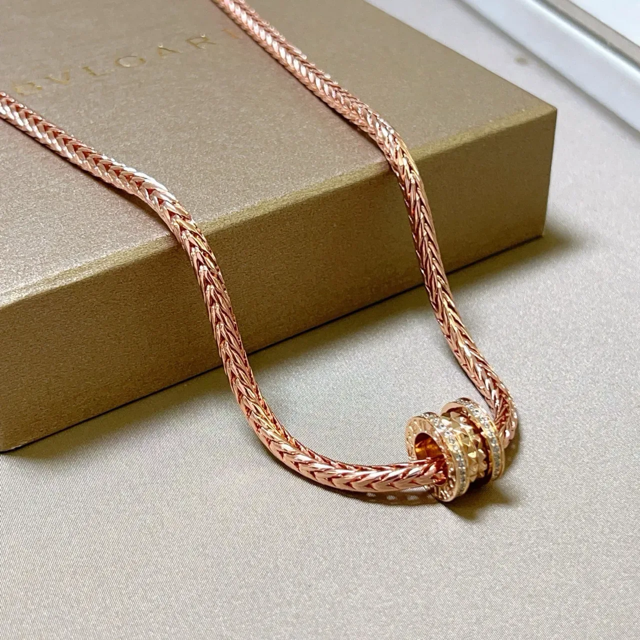 Bvlgari Gold White Braided Wheat-Link Chain Cylindrical Multi-Ring Pendant Necklace 6