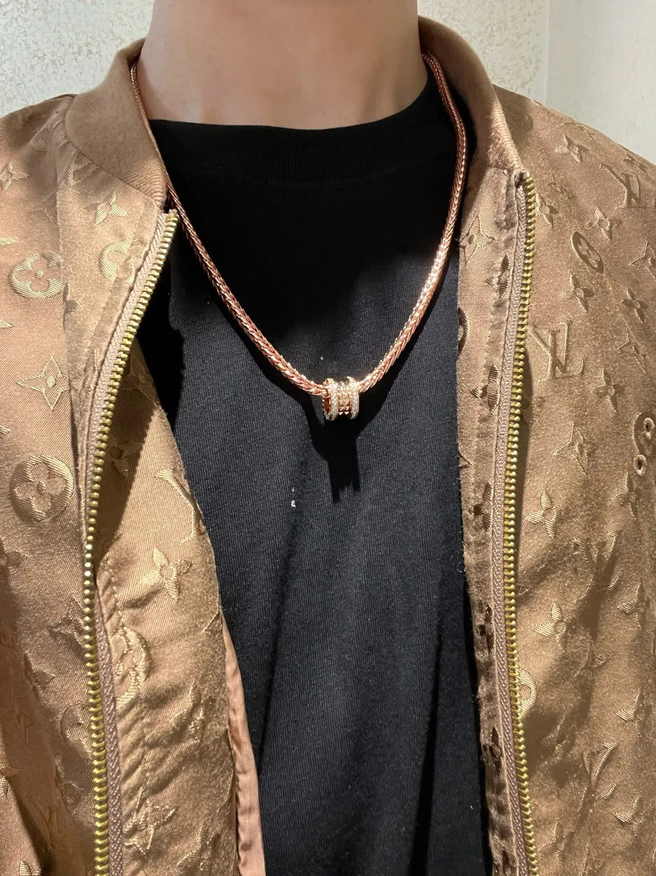 Bvlgari Gold White Braided Wheat-Link Chain Cylindrical Multi-Ring Pendant Necklace 8