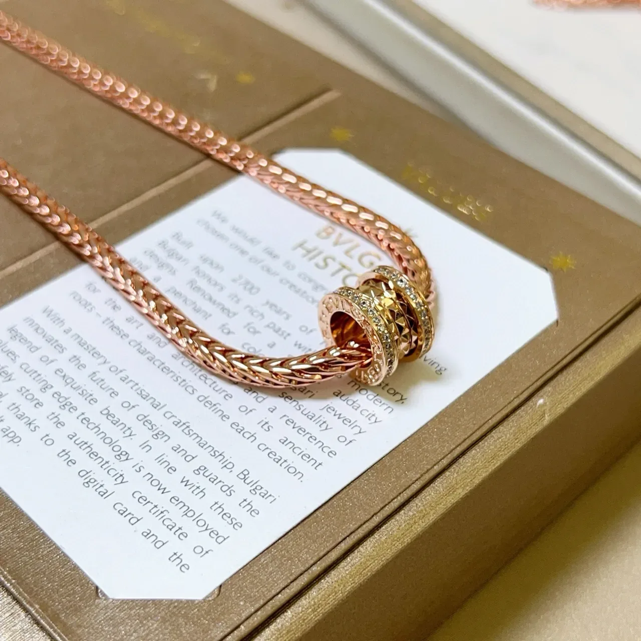 Bvlgari Gold White Braided Wheat-Link Chain Cylindrical Multi-Ring Pendant Necklace 9