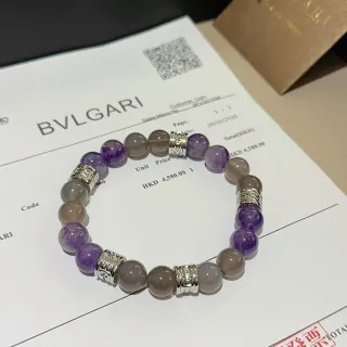 Bvlgari Purple Gray Round Polished Stone Beads Silver-Tone Engraved Barrel Spacers Jewelry