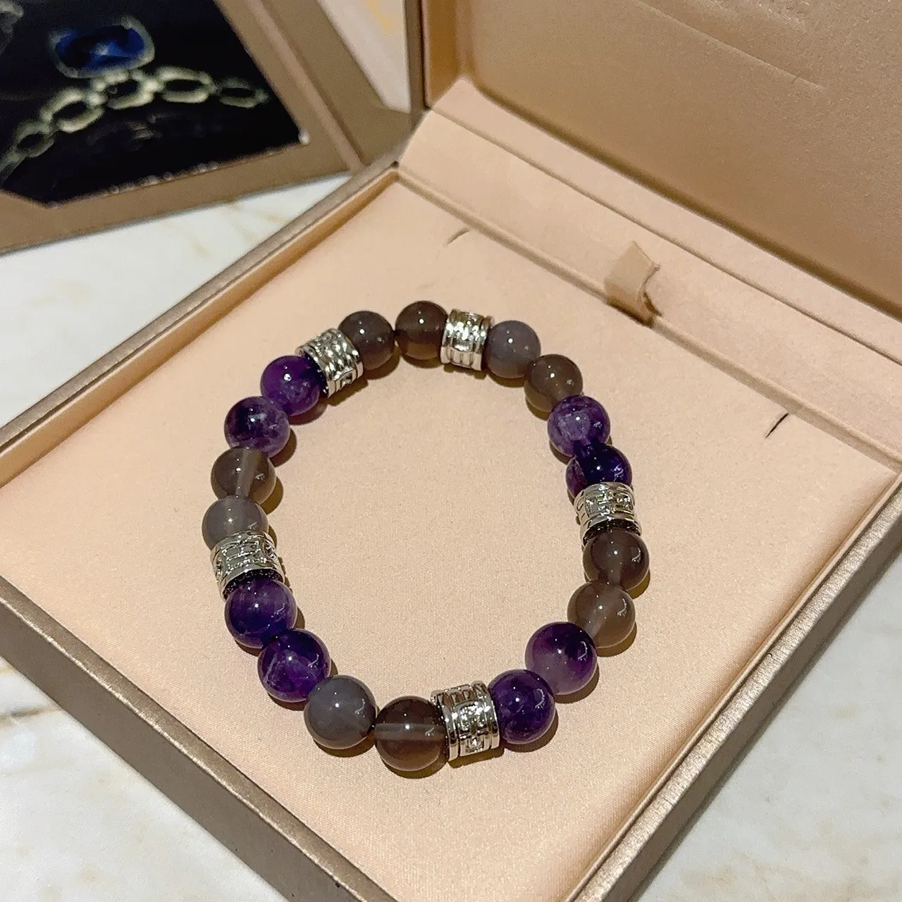 Bvlgari Contas de pedra redondas polidas cinza roxo tom de prata gravadas separadores de barril joias 2