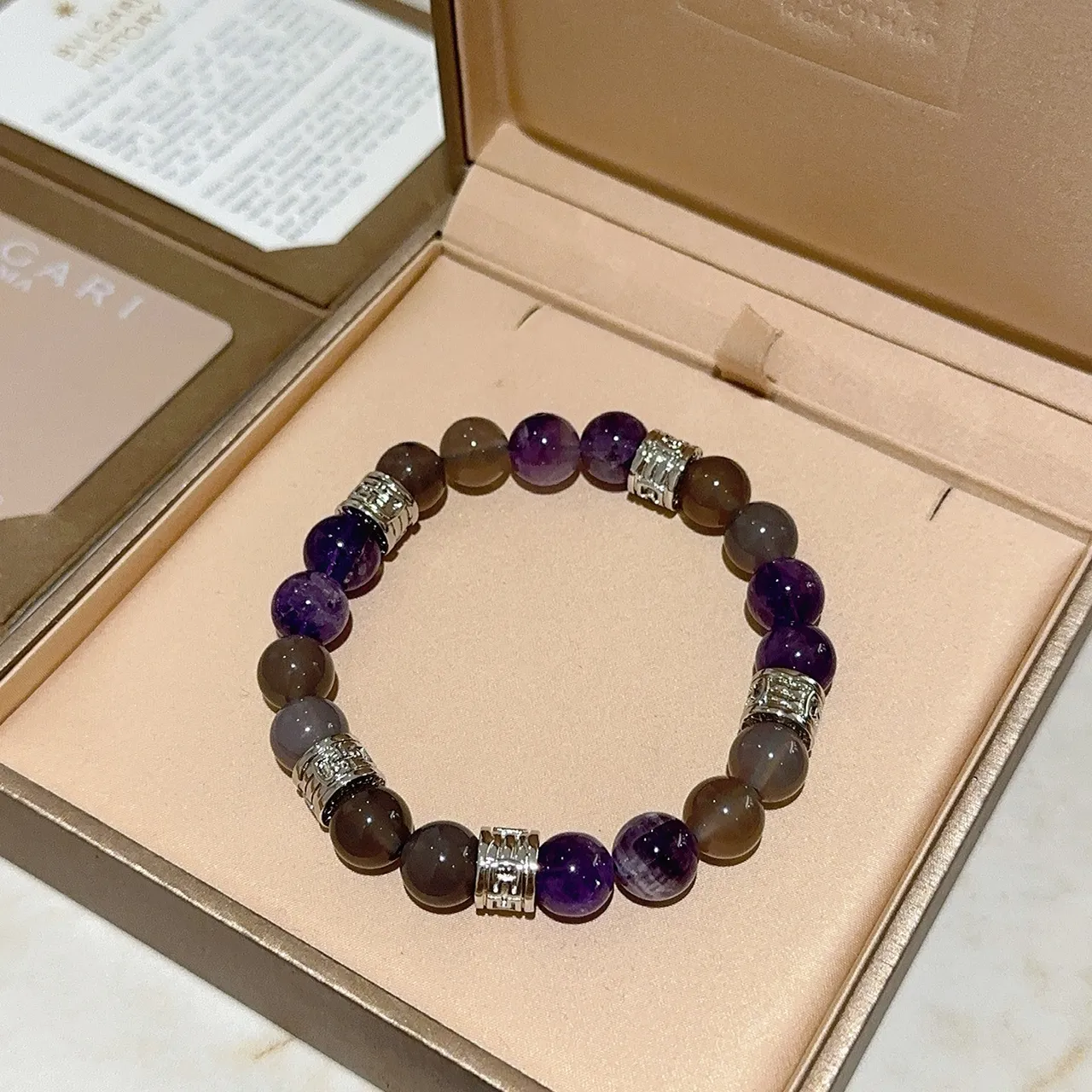 Bvlgari Contas de pedra redondas polidas cinza roxo tom de prata gravadas separadores de barril joias 4