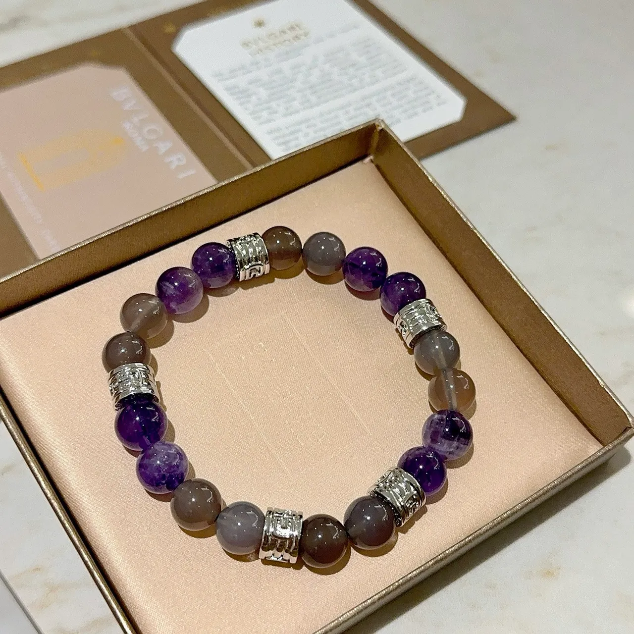 Bvlgari Contas de pedra redondas polidas cinza roxo tom de prata gravadas separadores de barril joias 6