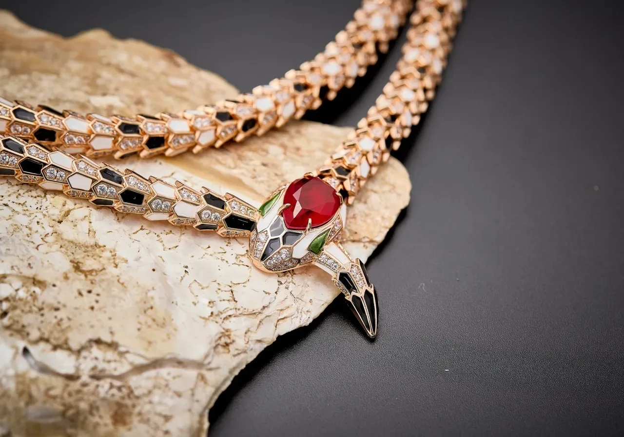 Collier Bvlgari Serpenti Serpent Enroulé Œil Rouge Émail et Diamant 2