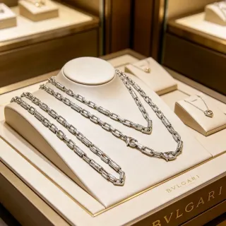 Bvlgari রুপালি বেইজ মোটা লিংক চেইন টেক্সচার্ড বৃত্তাকার অ্যাকসেন্ট হার