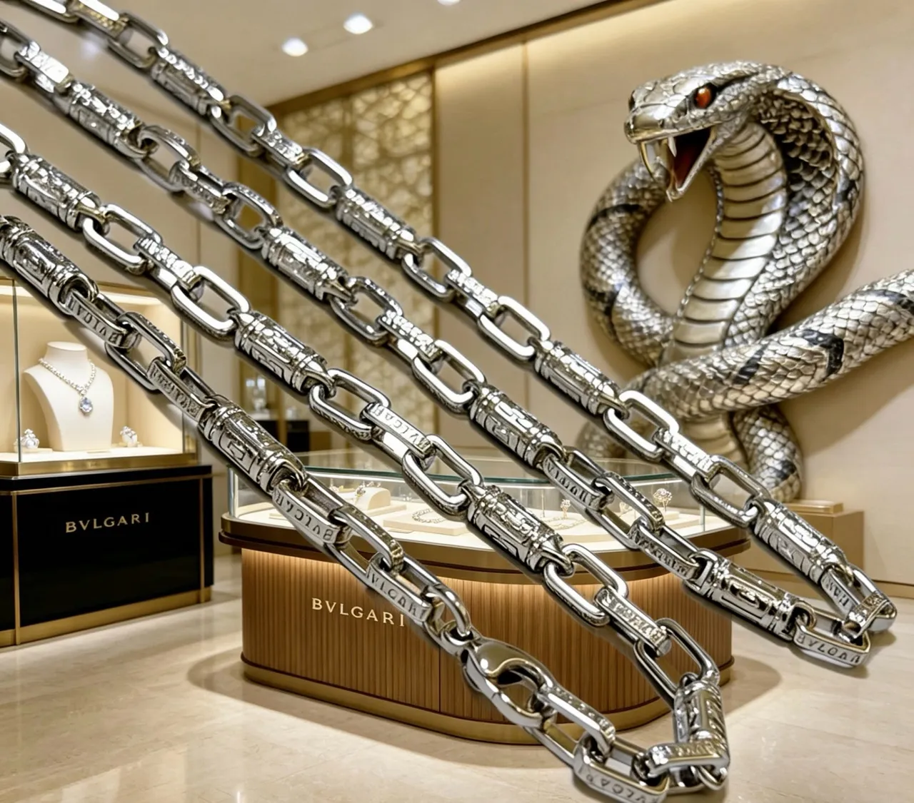 Bvlgari রুপালি বেইজ মোটা লিংক চেইন টেক্সচার্ড বৃত্তাকার অ্যাকসেন্ট হার 3