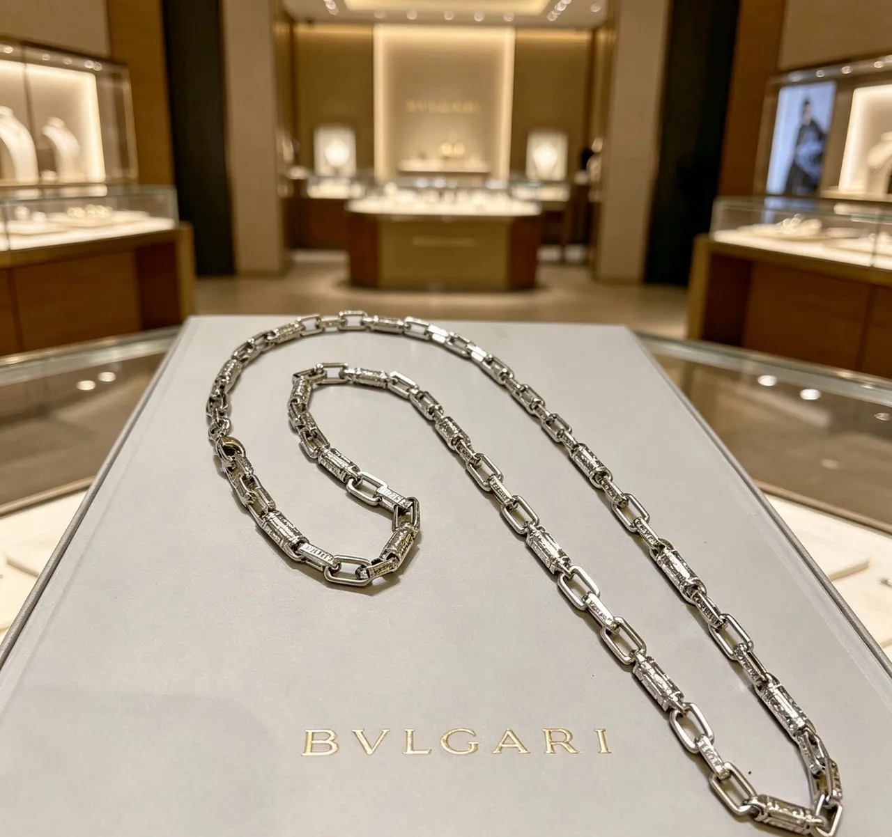 Bvlgari রুপালি বেইজ মোটা লিংক চেইন টেক্সচার্ড বৃত্তাকার অ্যাকসেন্ট হার 4