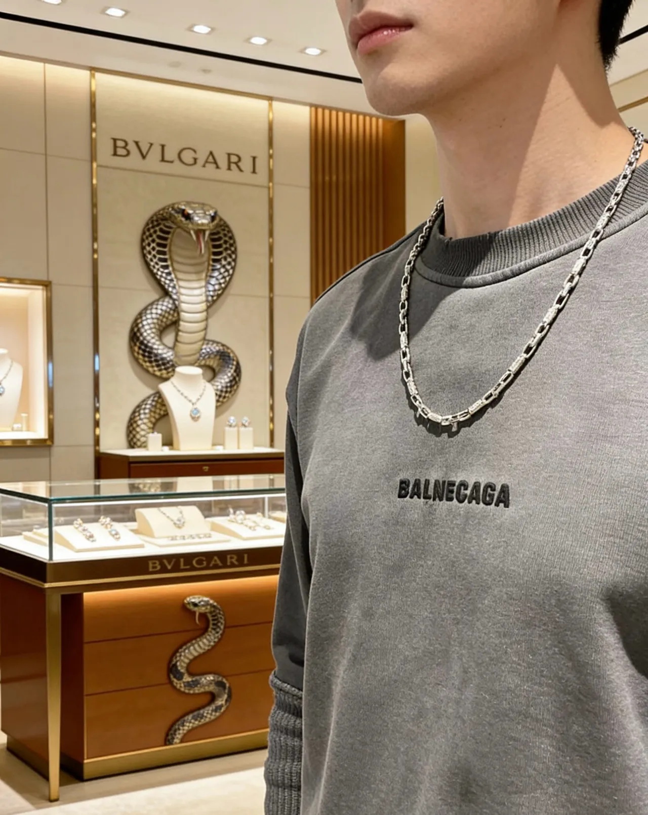 Bvlgari রুপালি বেইজ মোটা লিংক চেইন টেক্সচার্ড বৃত্তাকার অ্যাকসেন্ট হার 5