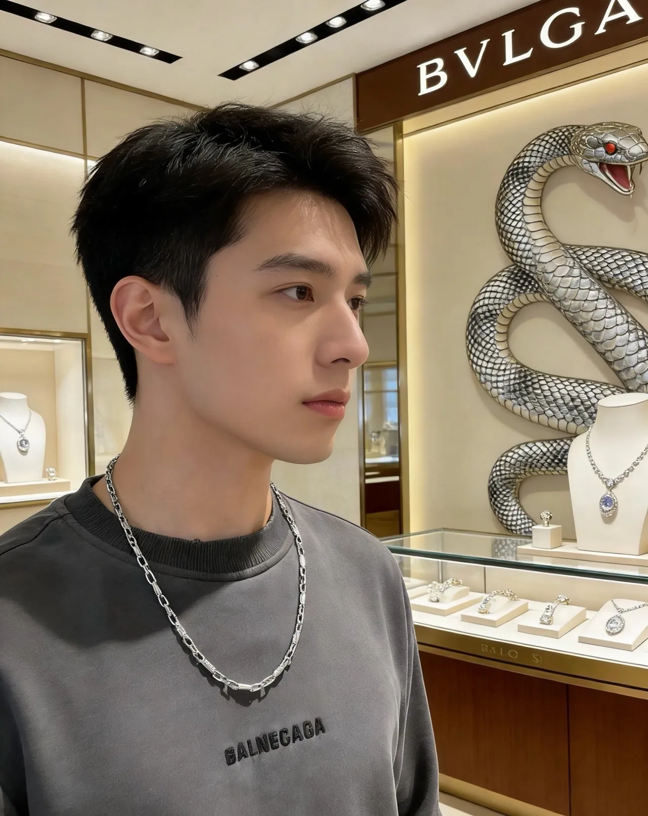 Bvlgari রুপালি বেইজ মোটা লিংক চেইন টেক্সচার্ড বৃত্তাকার অ্যাকসেন্ট হার 8